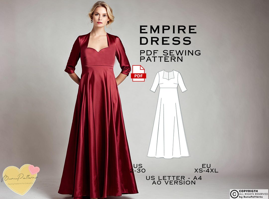 Empire Waist Dress Sewing Pattern: Regency, Plus Size (US Sizes 2-30 ...