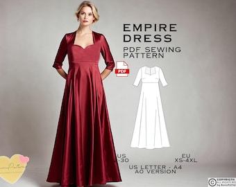Empire Waist Dress Sewing Pattern: Regency, Plus Size (US Sizes 2-30) (PDF Pattern)