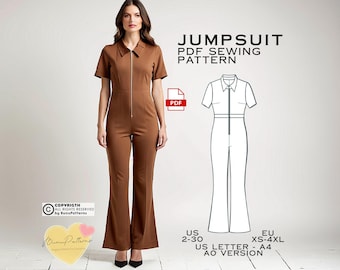 Jumpsuit Sewing Pattern, PDF Sewing Pattern Instant Download, Easy Digital Pdf, US Sizes 2-30, Plus Size Pattern, Vintage Clothing