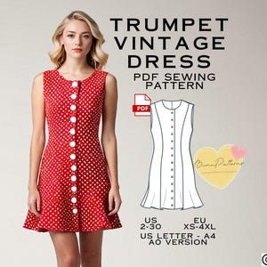 Button Down Vintage Dress Sewing Pattern: Sleeveless Shift (PDF Download)