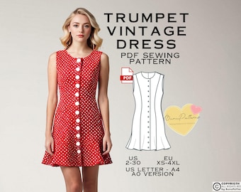 Button Down Vintage Dress Sewing Pattern: Sleeveless Shift (PDF