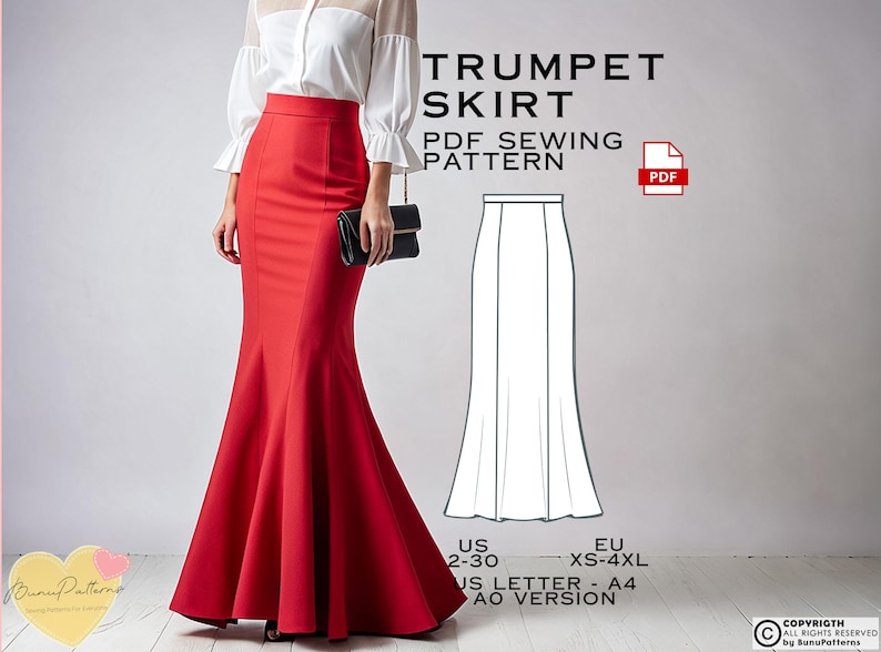 May include: A digital sewing pattern for a trumpet skirt. The pattern is available in sizes XS-4XL and comes in US Letter and A0 versions. The image shows a woman wearing a red trumpet skirt.