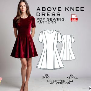May include: A PDF sewing pattern for an above-knee dress. The pattern includes sizes US 2-30 and EU XS-4XL. The pattern is available in US Letter size and A0 version.