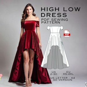 Puede incluir: Una mujer modela un vestido burdeos de corte asimétrico. El vestido de terciopelo con hombros descubiertos tiene una falda fluida y se combina con tacones con tiras. La imagen incluye un patrón de costura PDF con detalles de tallas y el texto "HIGH LOW DRESS PDF SEWING PATTERN".