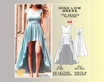 High Low Dress Sewing Pattern, Hi-Low Prom Dress PDF Sewing Pattern Instant Download, Bridesmaid Dress, US 2-30 Plus Size, Eu Xs-4xl