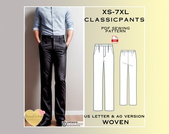 Patron de couture de pantalons classiques pour hommes, couture PDF de pantalons, téléchargement immédiat, patrons de couture homme, XS-7xl, patron grande taille