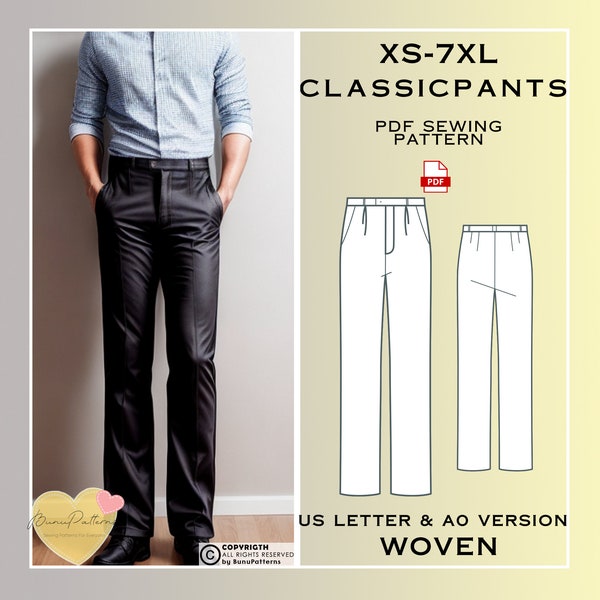 Patrón de costura pantalones clásicos hombres, pantalones pantalones costura PDF, descarga instantánea, patrones de costura hombre, Xs-7xl, patrón talla grande