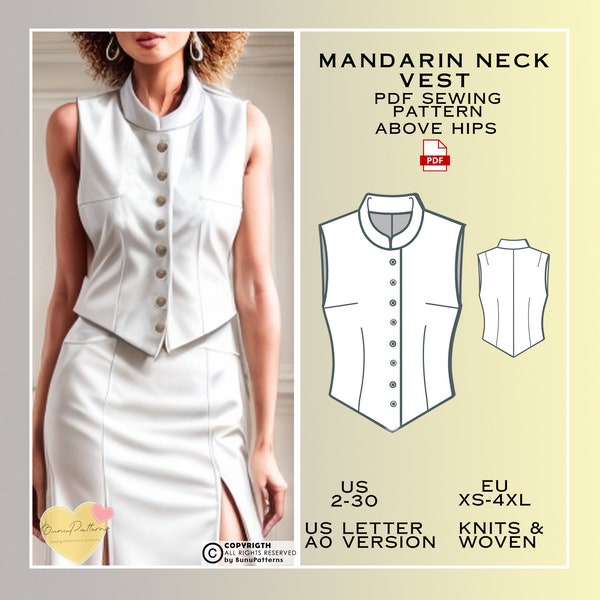 Mandarin Neck Vest Sewing Pattern, Woman Top PDF Sewing Pattern, Instant Download, US Sizes 2-30, Plus Size Pattern, Woman Sewing Patterns