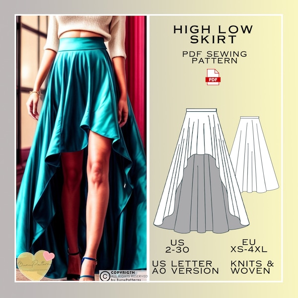 Hi-Low Skirt Sewing Pattern, Full Length PDF Sewing Pattern Instant Download, Skirt Easy Digital Pdf, US 2-30, Eu Xs-4Xl, Plus Size Pattern