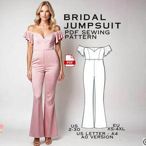 Patrón de mono de novia, patrón de costura de mono con hombros descubiertos, traje de pantalón con escote en forma de corazón, patrón de costura en PDF, PDF digital fácil, talla 2-30 de EE. UU.