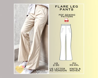 Flare Leg Pants Sewing Pattern, Elastic Waistband Pants PDF Sewing, Instant Download, US 2-30, Eu Xs 4xl, Plus Size Patterns, Knit Trousers