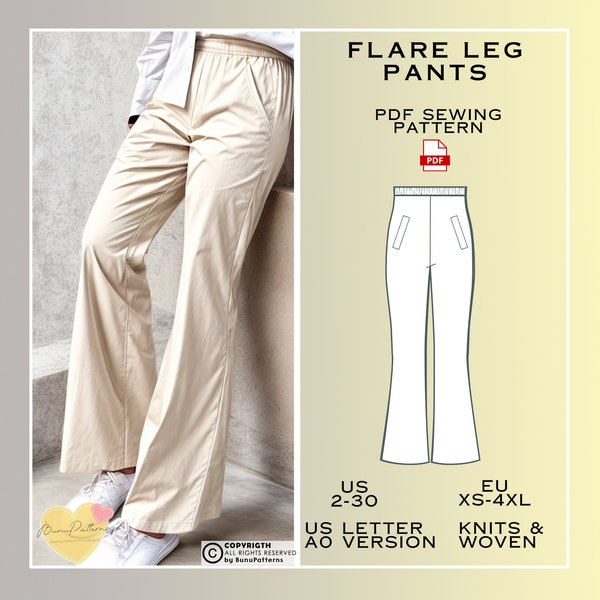 Flare Leg Pants Sewing Pattern, Elastic Waistband Pants PDF Sewing, Instant Download, US 2-30, Eu Xs 4xl, Plus Size Patterns, Knit Trousers