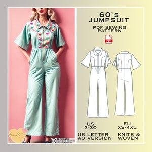 60's Vintage Jumpsuit Sewing Pattern, PDF Sewing Pattern, Easy Digital Pdf, US Sizes 2-30, Eu Xs-4xl, Plus Size Pattern, Dungarees