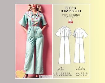 60's Vintage Jumpsuit Sewing Pattern, PDF Sewing Pattern, Easy Digital Pdf, US Sizes 2-30, Eu Xs-4xl, Plus Size Pattern, Dungarees