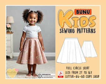 Toddler & Girls Skirt Sewing Pattern, Circle Skirt PDF Sewing Pattern, Girl's Semi Elastic Waist Sewing Patterns, 2T-16Y, Instant Download