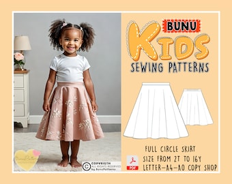 Toddler & Girls Skirt Sewing Pattern, Circle Skirt PDF Sewing Pattern, Girl's Semi Elastic Waist Sewing Patterns, 2T-16Y, Instant Download