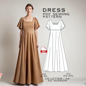 ロングドレスの縫製パターン、コテージコアドレスのPDF縫製パターンの即時ダウンロード、花嫁介添人ドレス、USサイズ2～30プラスサイズ、ヴィンテージドレス