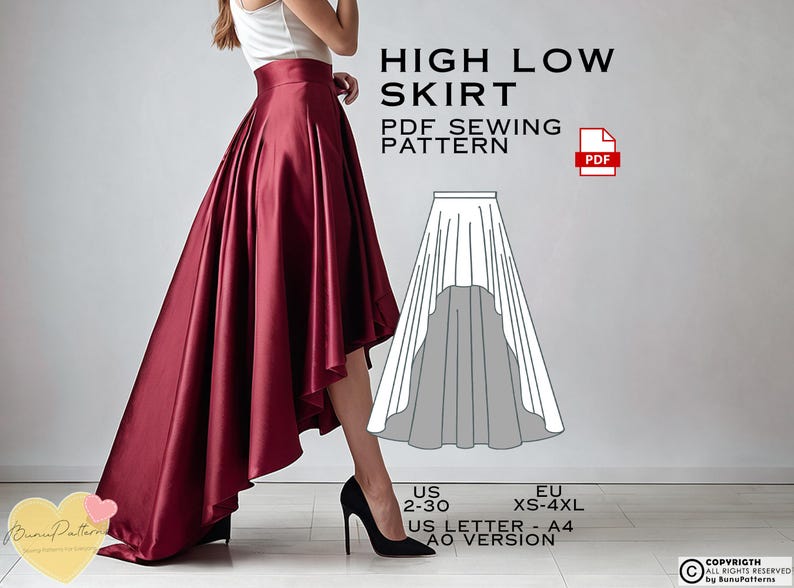 May include: A PDF sewing pattern for a high-low skirt. The pattern is available in sizes XS-4XL and is printed on US Letter size paper. The pattern is for a skirt with a high front and a low back.