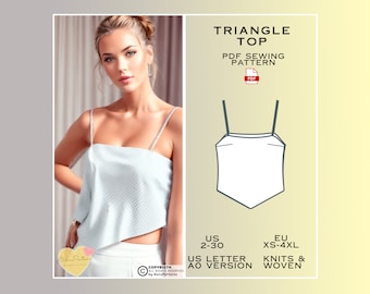 Triangle Top Sewing Pattern, Summer Top PDF Sewing Pattern Instant Download, US Sizes 2-30, Eu Xs-4xl Plus Size Pattern, Thin Strap Patterns