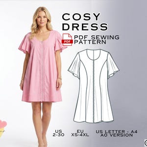 May include: A woman models a light pink dress with short, flared sleeves and a decorative vertical seam. The image includes a PDF sewing pattern graphic and the text "COSY DRESS PDF SEWING PATTERN". Size options are listed as US 2-30 and EU XS-4XL.