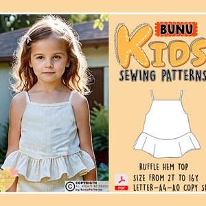 May include: A digital sewing pattern for a ruffle hem top for kids. The pattern is available in sizes 2T to 16Y and is printed on A4 or A0 paper. The pattern is for a sleeveless top with a ruffle hem. The pattern is available in a PDF format.