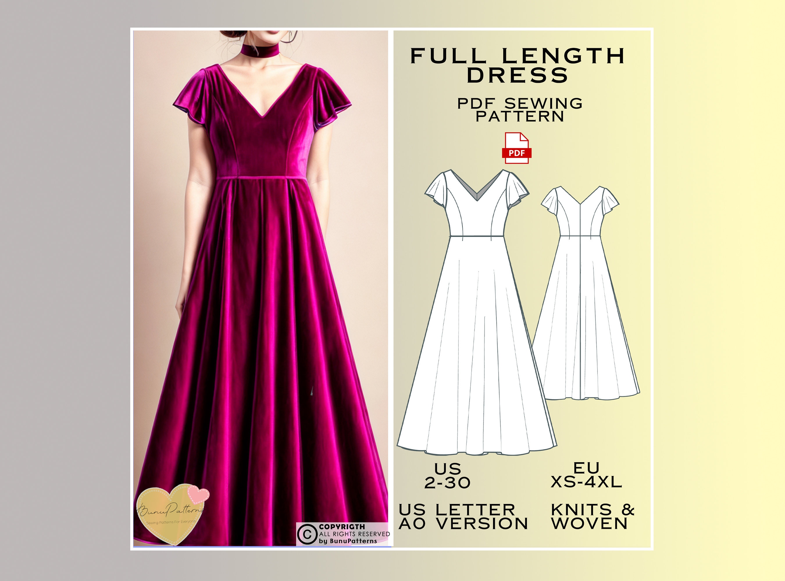 Evening Dress Sewing Pattern PDF, Sizes XS - L, Formats A0 - A4 - US  Letter, Sewing pattern PDF, Woman dress pattern, Party dress pattern, Dark  Laguna