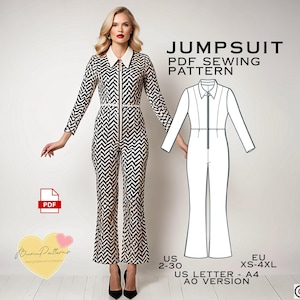 Könnte beinhalten: Ein digitales Schnittmuster für einen Jumpsuit. Das Schnittmuster ist in Schwarzweiß auf weißem Hintergrund dargestellt. Das Schnittmuster umfasst die Größen US 2-30 und EU XS-4XL. Das Schnittmuster ist in den Formaten US Letter und A0 verfügbar.