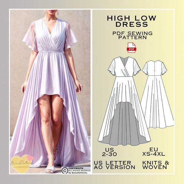Hi-Low Dress Sewing Pattern, Prom Dress PDF Sewing Pattern Instant Download, Bridesmaid Dress, US 2-30 Plus Size, Eu Xs-4xl