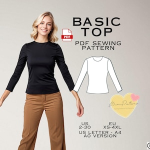 Fitted Top Sewing Pattern, Woman Top PDF Sewing Pattern, Long Sleeve T-Shirt, US Sizes 2-30, Plus Size Pattern, Woman Sewing Patterns