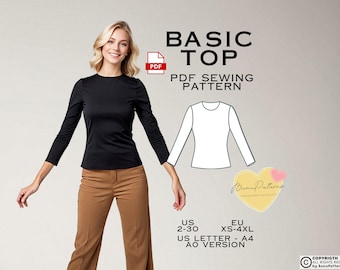 May include: A PDF sewing pattern for a basic top. The pattern includes sizes US 2-30 and EU XS-4XL. The pattern is available in US Letter size and A0 version.