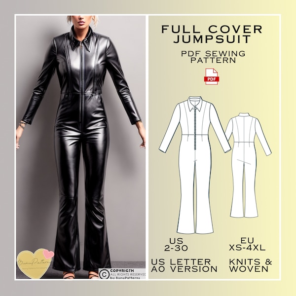 Full Cover Jumpsuit Sewing Pattern, Shirt Collar Pantsuit, PDF Sewing Pattern, Easy Digital Pdf, US 2-30, Eu Xs-4xl, 4xl 3xl 2xl xl