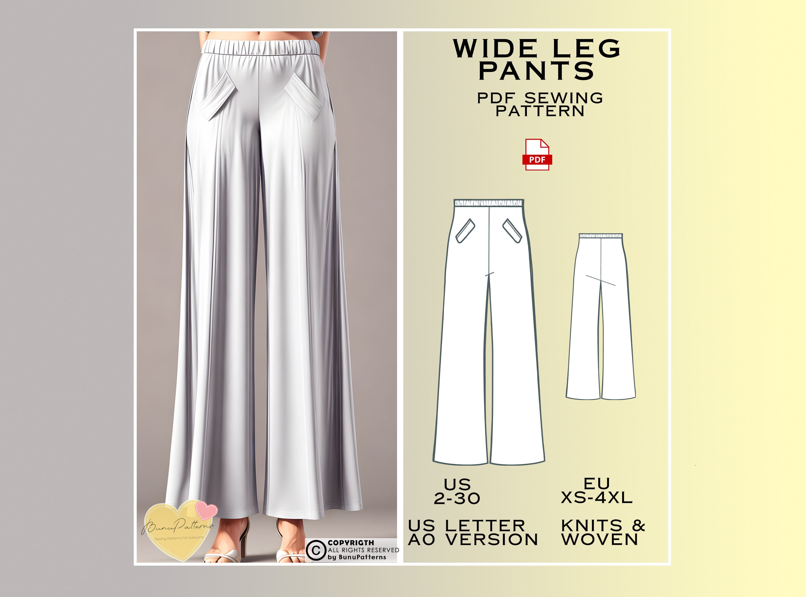 Wide Leg Pants Sewing Pattern, Elastic Waistband Pants PDF Wide Leg Pants Sewing Pattern, Elastic Waistband Pants PDF