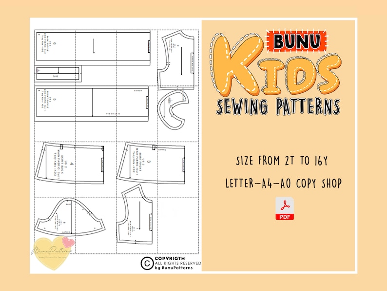 May include: A black and white sewing pattern for kids clothing. The pattern includes instructions for a shirt, pants, and a skirt. The pattern is available in sizes 2T to 16Y. The pattern is available as a PDF download. The text on the image reads "BUNU KIDS SEWING PATTERNS", "SIZE FROM 2T TO 16Y", "LETTER-A4-AO COPY SHOP", and "PDF".