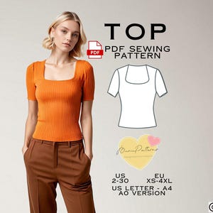 Fitted Top Sewing Pattern, Short Sleeve Curved Square Neck Shirt PDF Sewing Pattern T-Shirt Instant Download, US Sizes 2-30, Everyday Shirt