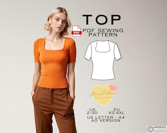Fitted Top Sewing Pattern: Square Neck Shirt (US Sizes 2-30) (PDF Pattern)