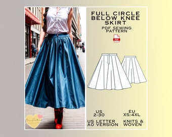 Below Knee Skirt Sewing Pattern, Midi Skirt PDF Sewing Pattern Instant Download, US 2-30 Eu Xs-4xl Plus Size, Circle Skirt, Flared Skirt