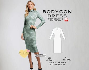 Bodycon Midi Dress Sewing Pattern, Stretch Evening Dress (Digital PDF, US 2-30)