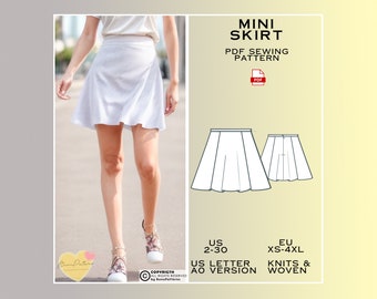 Mini Skater Skirt Sewing Pattern, PDF Sewing Pattern Instant Download, Tennis Skirt Easy Digital Pdf, Ladies Sizes 00-32, Plus Size Pattern