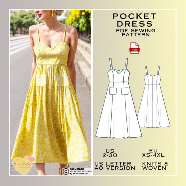 Pocket Dress Sewing Pattern, Midi Dress Pattern, Plus Size Dress, US Sizes 2-30, Women Sewing Pattern, Women Summer Dresses