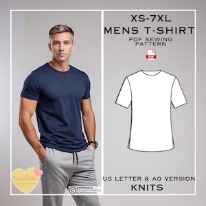 Naaipatroon T-shirt heren, naaipatroon basis T-shirt heren, pdf-patroon direct downloaden, XS-7xl, patronen grote maten, herenlinnen