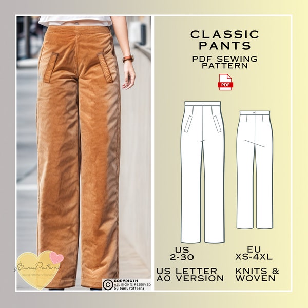 Classic Pants Sewing Pattern, Straight Pants PDF Sewing, Instant Download, Easy Digital Pdf, US Sizes 2-30, Plus Size Pattern, Trousers