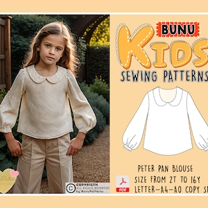 Patron de couture haut col claudine fille, patron de couture PDF de chemise fille à manches longues, patrons de couture enfant, tailles 2T-16 ans, téléchargement immédiat