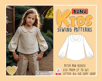 Girl Peter Pan Collar Top Sewing Pattern, Long Sleeve Girl Shirt PDF Sewing Pattern, Kid Sewing Patterns, 2T-16Y Sizes, Instant Download