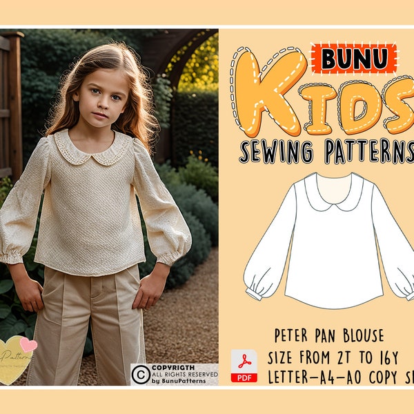 Girl Peter Pan Collar Top Sewing Pattern, Long Sleeve Girl Shirt PDF Sewing Pattern, Kid Sewing Patterns, 2T-16Y Sizes, Instant Download