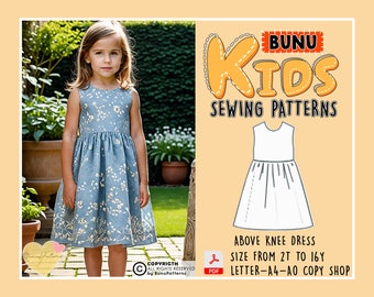 Kids Gathered Dress Sewing Pattern, Sleeveless Girl Dress PDF Sewing Pattern, Girl's Dress Sewing Patterns, 2T-16Y Sizes, Instant Download