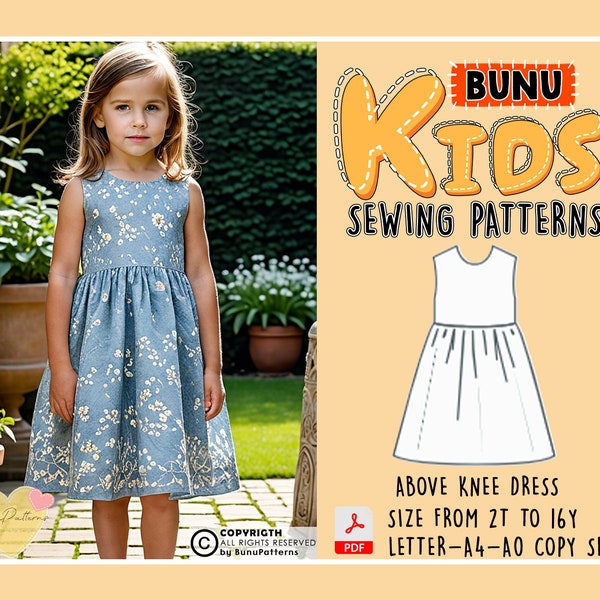 Patrón de costura de vestido reunido para niños, patrón de costura PDF de vestido de niña sin mangas, patrones de costura de vestido de niña, tallas 2T-16Y, descarga instantánea