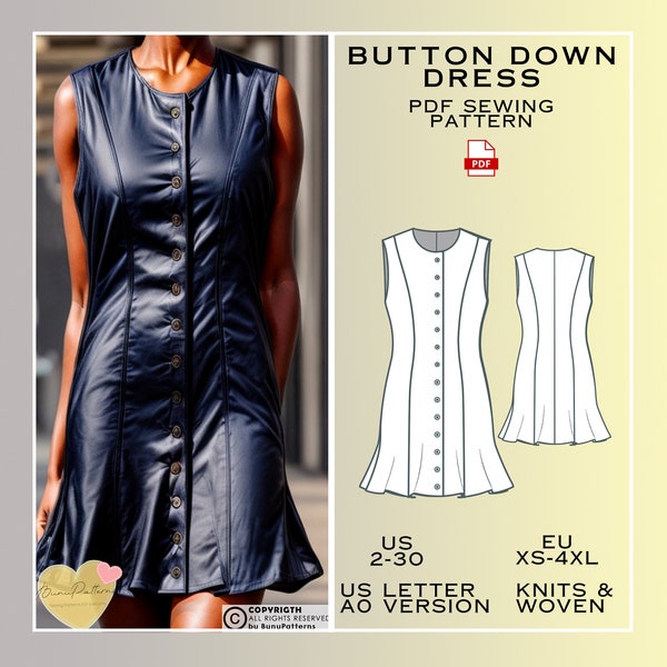 Button Down Dress Sewing Pattern, Sleeveless Dress PDF Sewing Pattern Download, US Sizes 2-30, Plus Size Pattern, Vintage Dress, Shift Dress