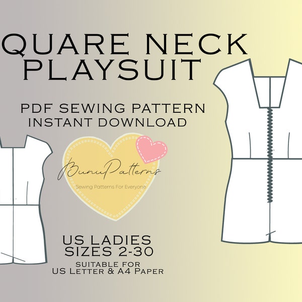 Square Neck Playsuit Pdf Sewing Pattern, Boho Romper Sewing Pattern, Jumpsuit Sewing Pattern, Basic Sewing Pattern, Overalls Pattern