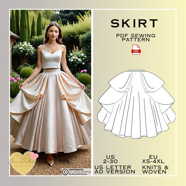 Princess Skirt Sewing Pattern, PDF Sewing Pattern Instant Download, Women Sewing Pattern, Plus Size Pattern, Cosplay Skirt Pattern