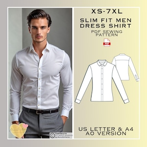 Naaipatroon heren slim fit shirt, naaipatroon heren klassiek shirt, pdf-patroon direct downloaden, XS-7xl, patronen grote maten, herenlinnen